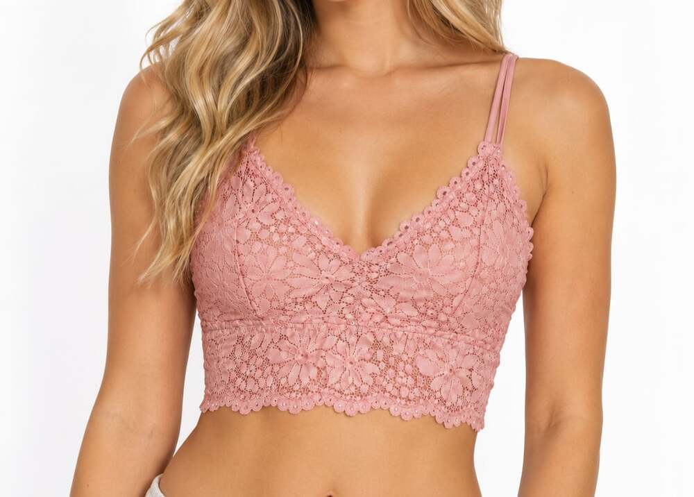 Duufin Pink Floral Lace Bralette Scalloped Crop Top Double Strap